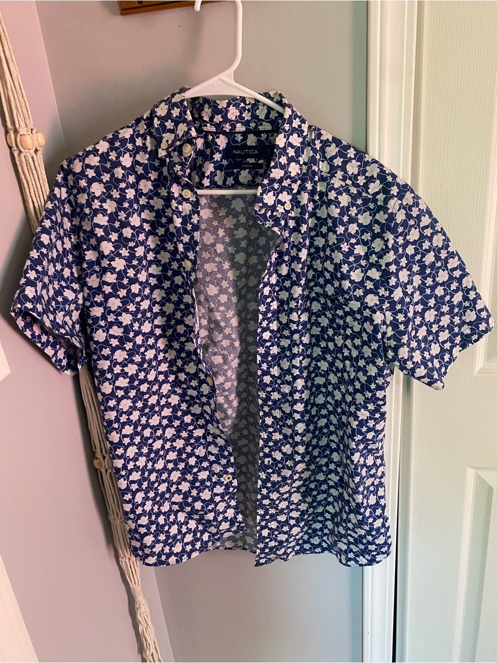 Nautica Men’s Blue Short Sleeve Button-Up with White Floral Print